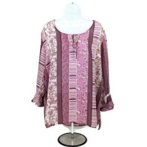Vintage Joanna Plus Pink Multicolor Blouse Womens 20W Keyhole Ruffled Sleeve